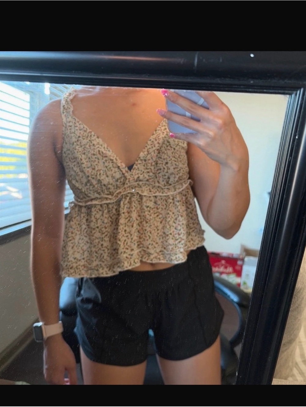 SHEIN Beige Floral Ruffled V-Neck Camisole